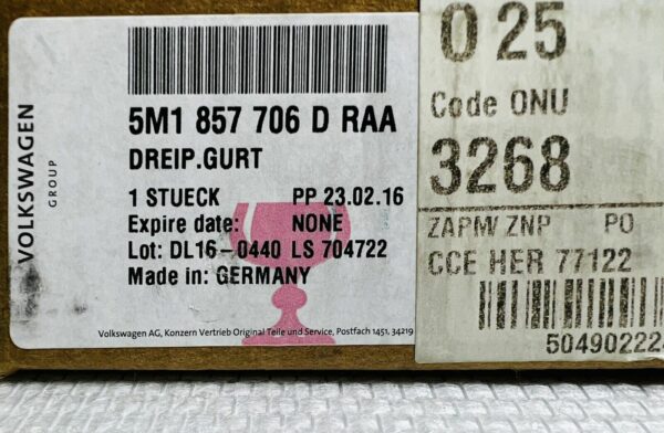 NEUF OEM Vw Golf V VI Plus MK5 6 Ceinture De Sécurité avant droite 5M1857706DRAA